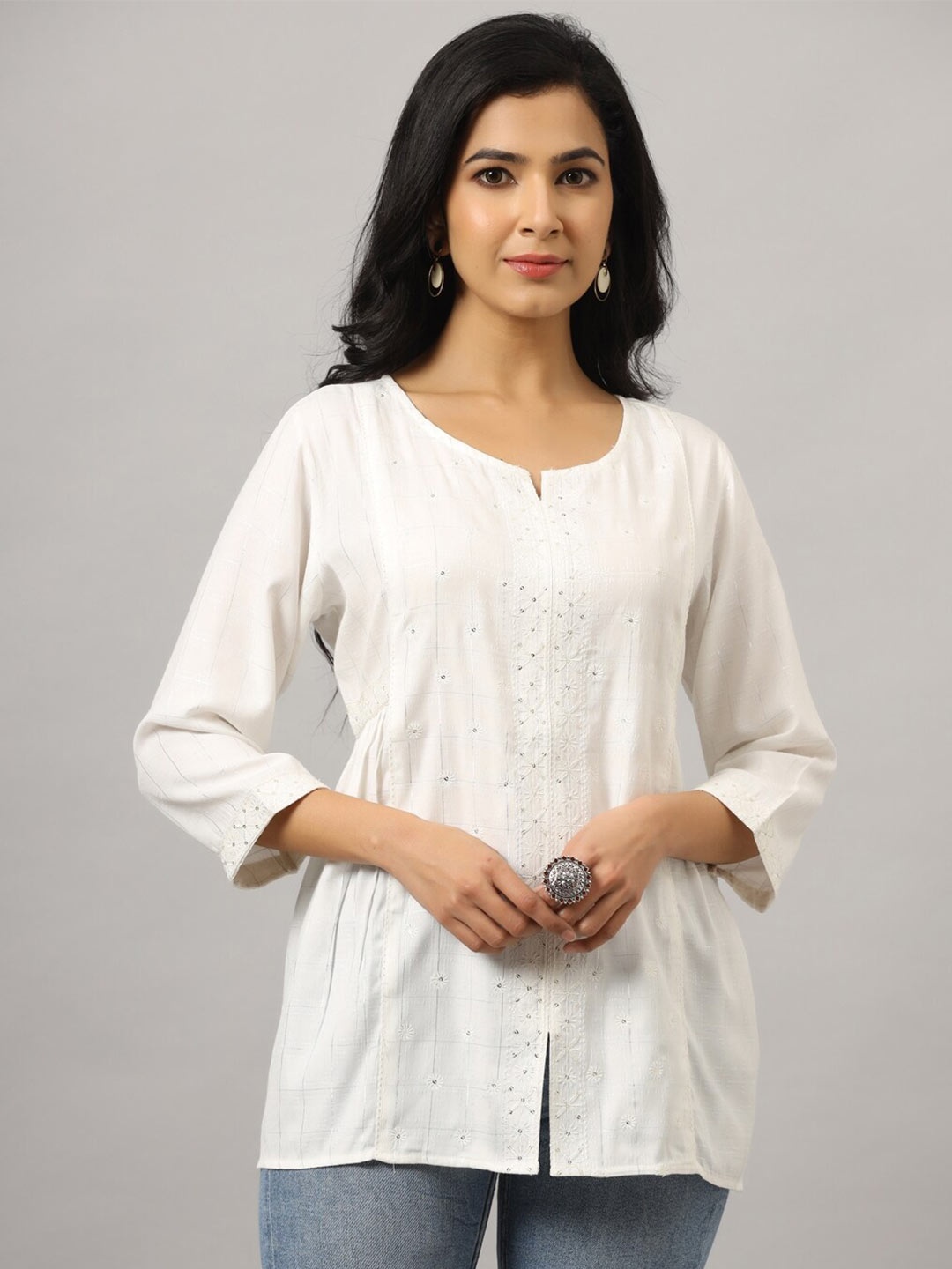 

Amchoor Floral Embroidered Casual Top, White