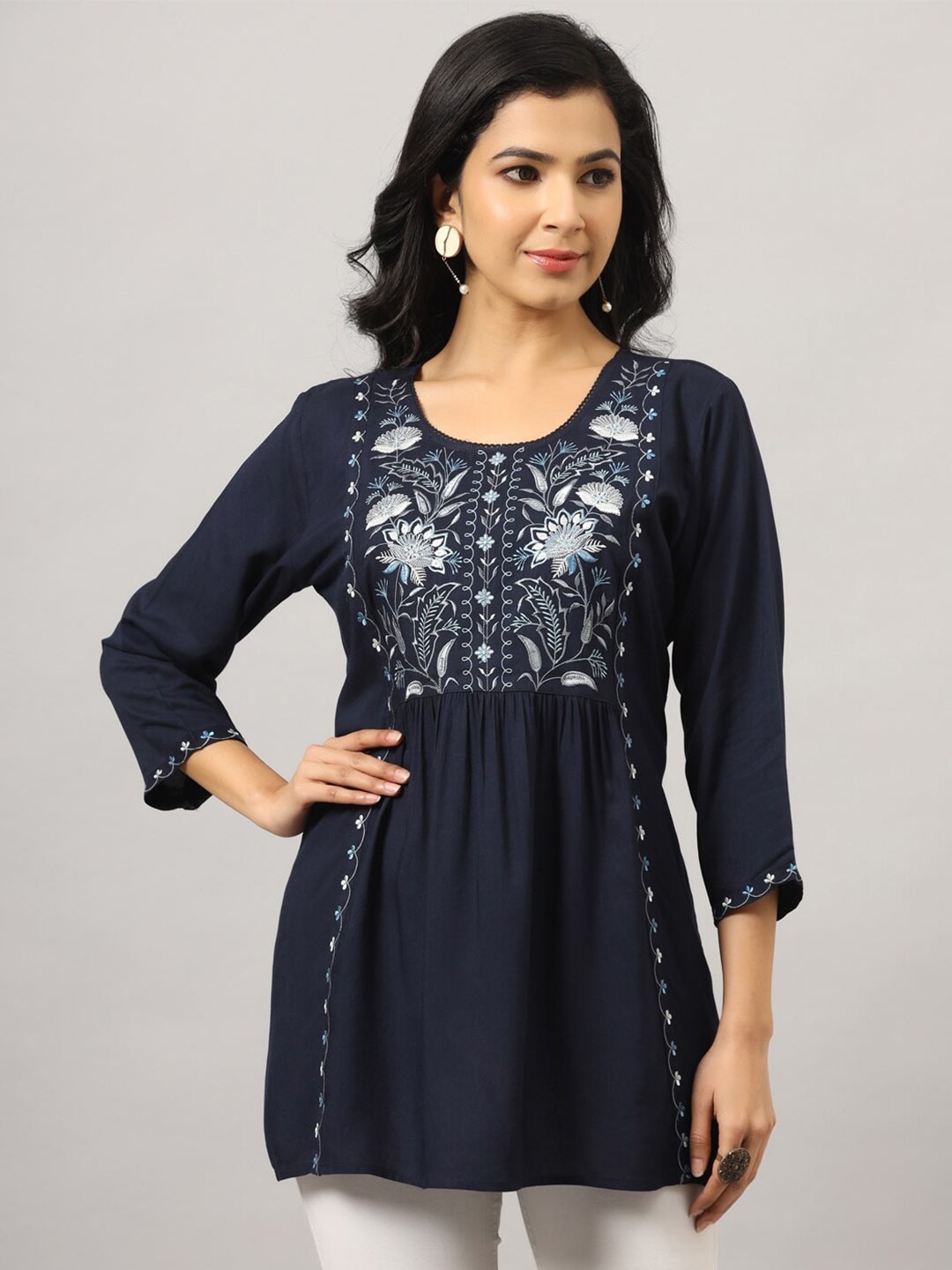 

Amchoor Floral Embroidered Round Neck Empire Top, Navy blue