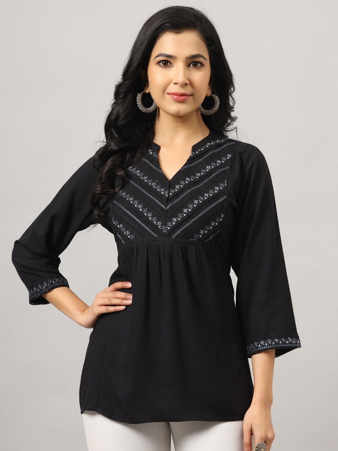 

Amchoor Embroidered Mandarin Collar Liva Top, Black
