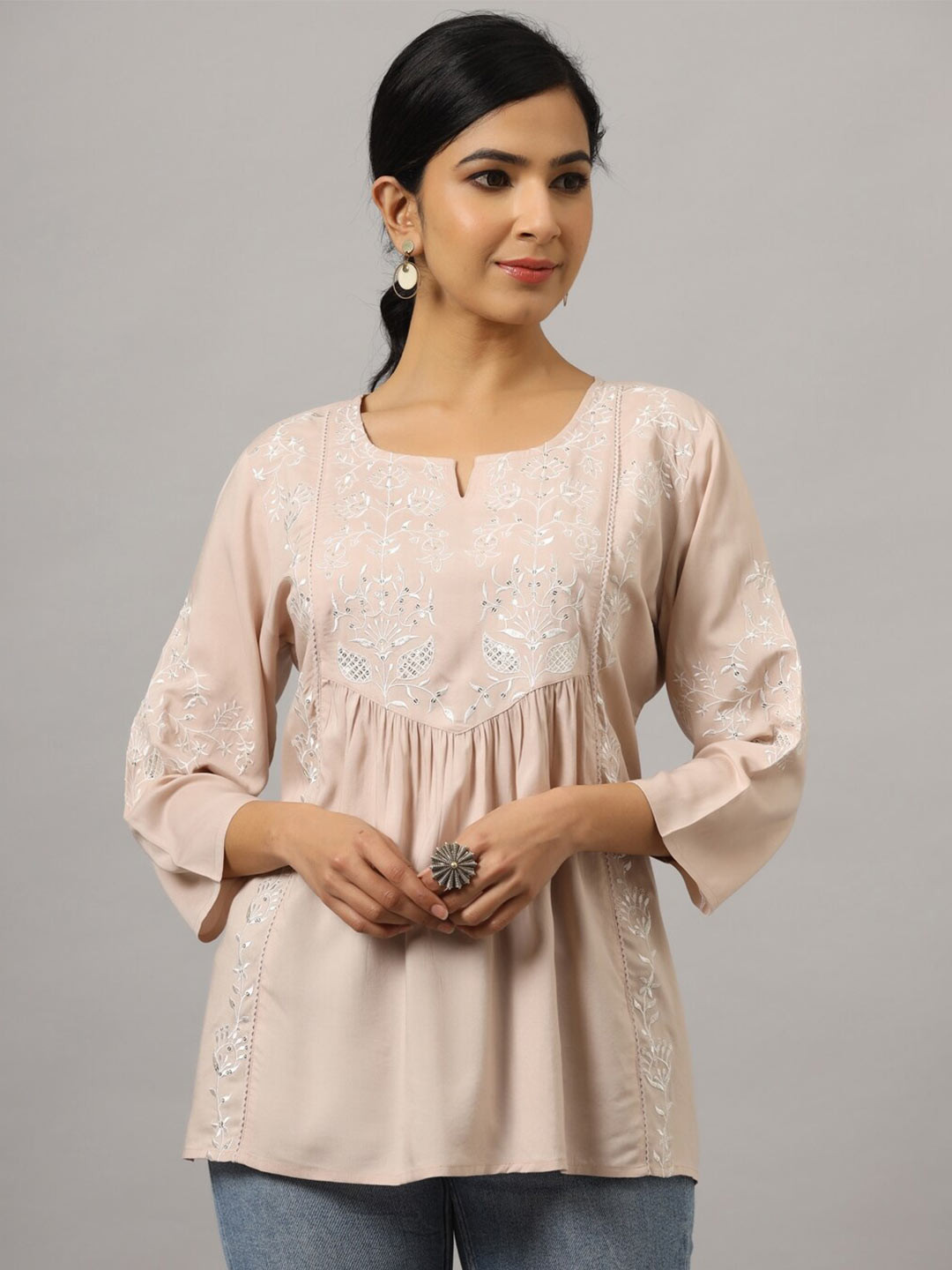 

Amchoor Floral Embroidered Round Neck Sequined Empire Top, Peach