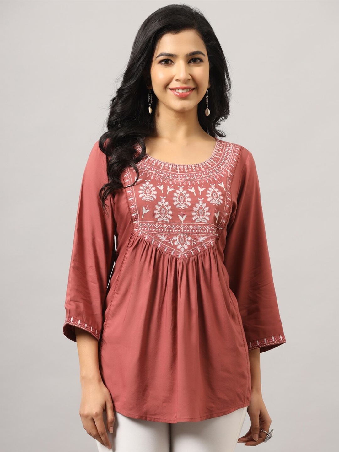 

Amchoor Floral Embroidered Round Neck Empire Top, Rust