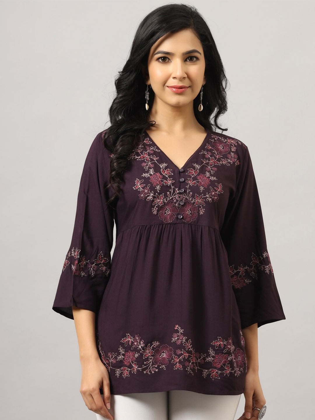 

Amchoor Floral Embroidered V-Neck Empire Top, Maroon