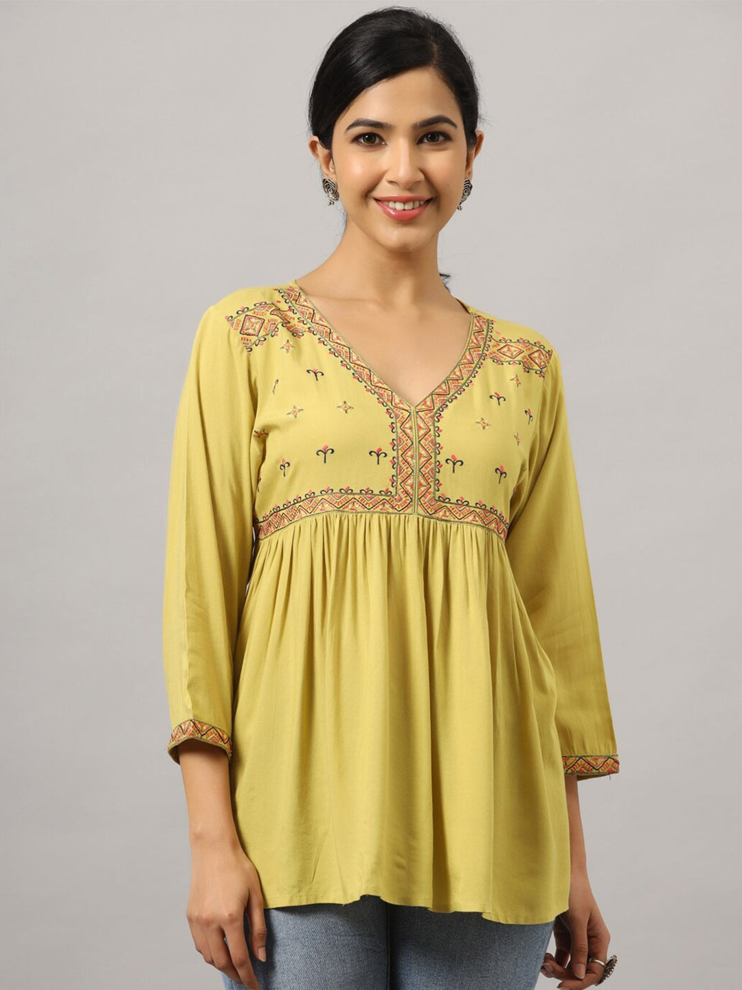 

Amchoor Floral Embroidered V-Neck Empire Top, Yellow