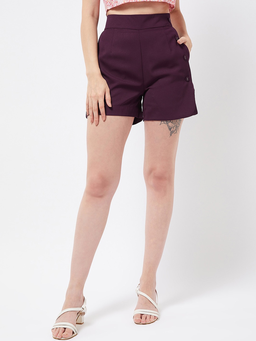 

MAGRE Women Maroon High-Rise Regular Shorts