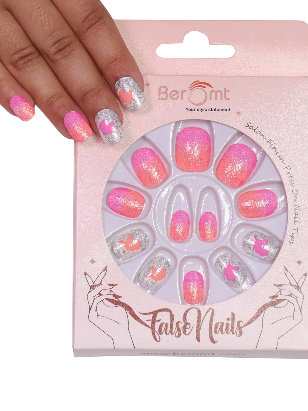 

BEROMT Girls 12 Pcs Long-Lasting Salon Finish Press On Nails - Shade 71, Pink