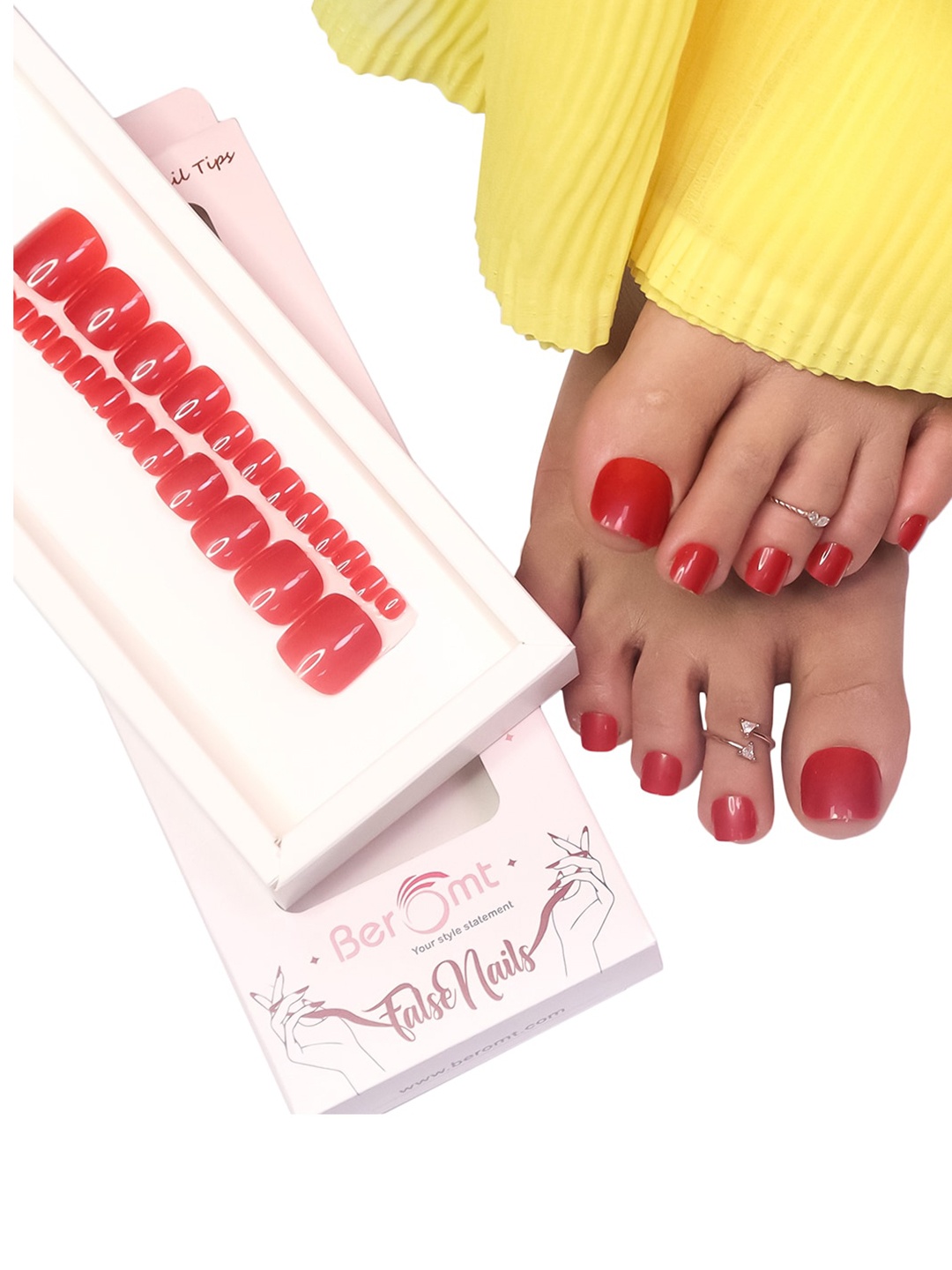 

BEROMT 24 Pcs Long-Lasting Reusable Salon Finish Press On Toe Nails - Shade 265, Red
