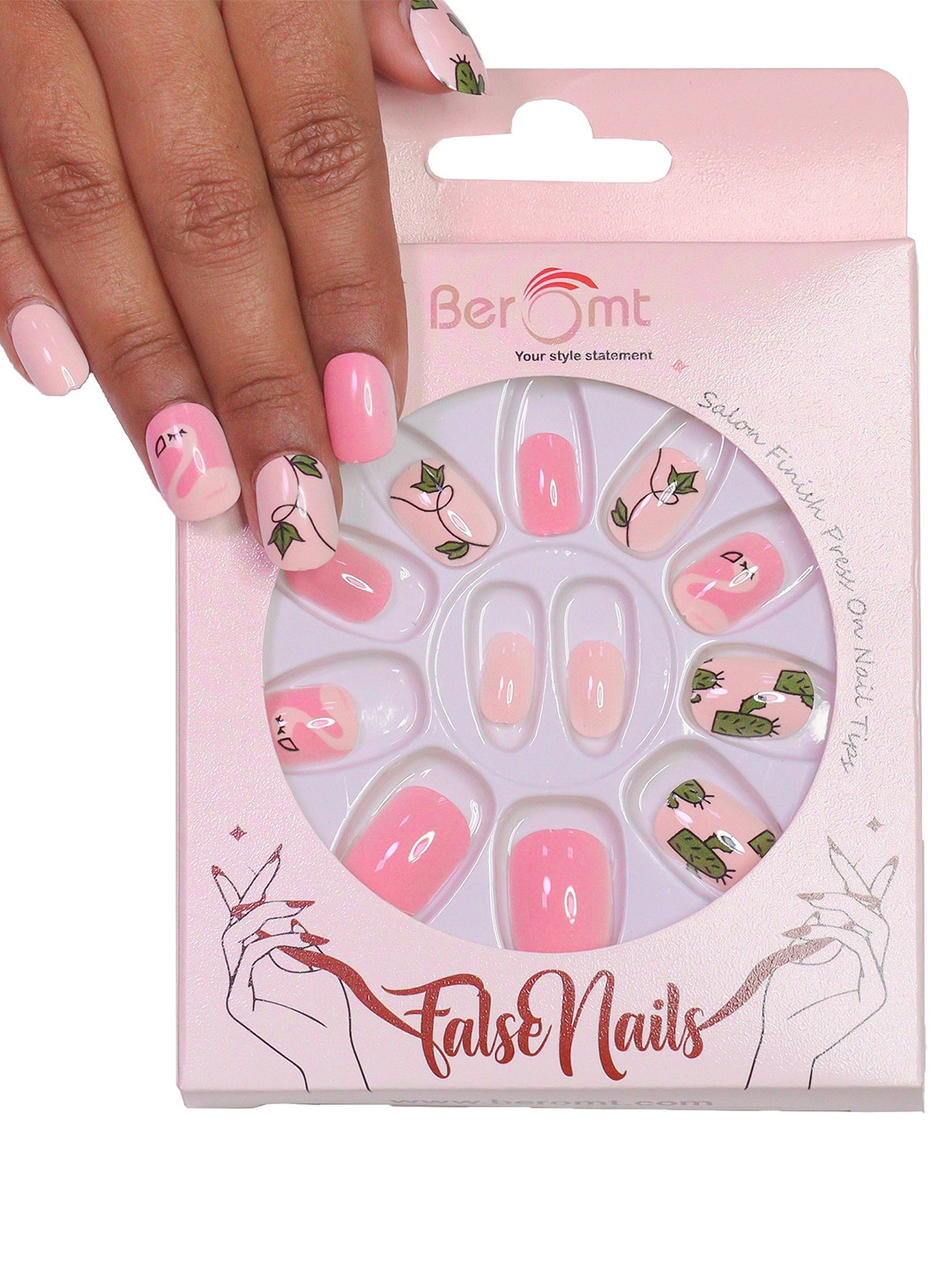 

BEROMT 12 Pcs Long-Lasting False Pre-Glued Nails with Kit - Shade 61, Pink
