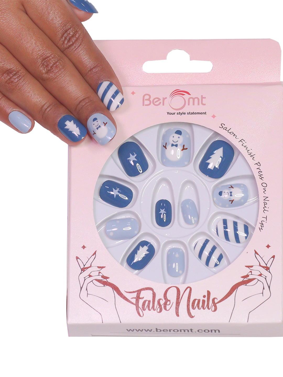 

BEROMT Kids 12 Pcs Long-Lasting False Pre-Glued Nails with Kit - Shade 64, Blue