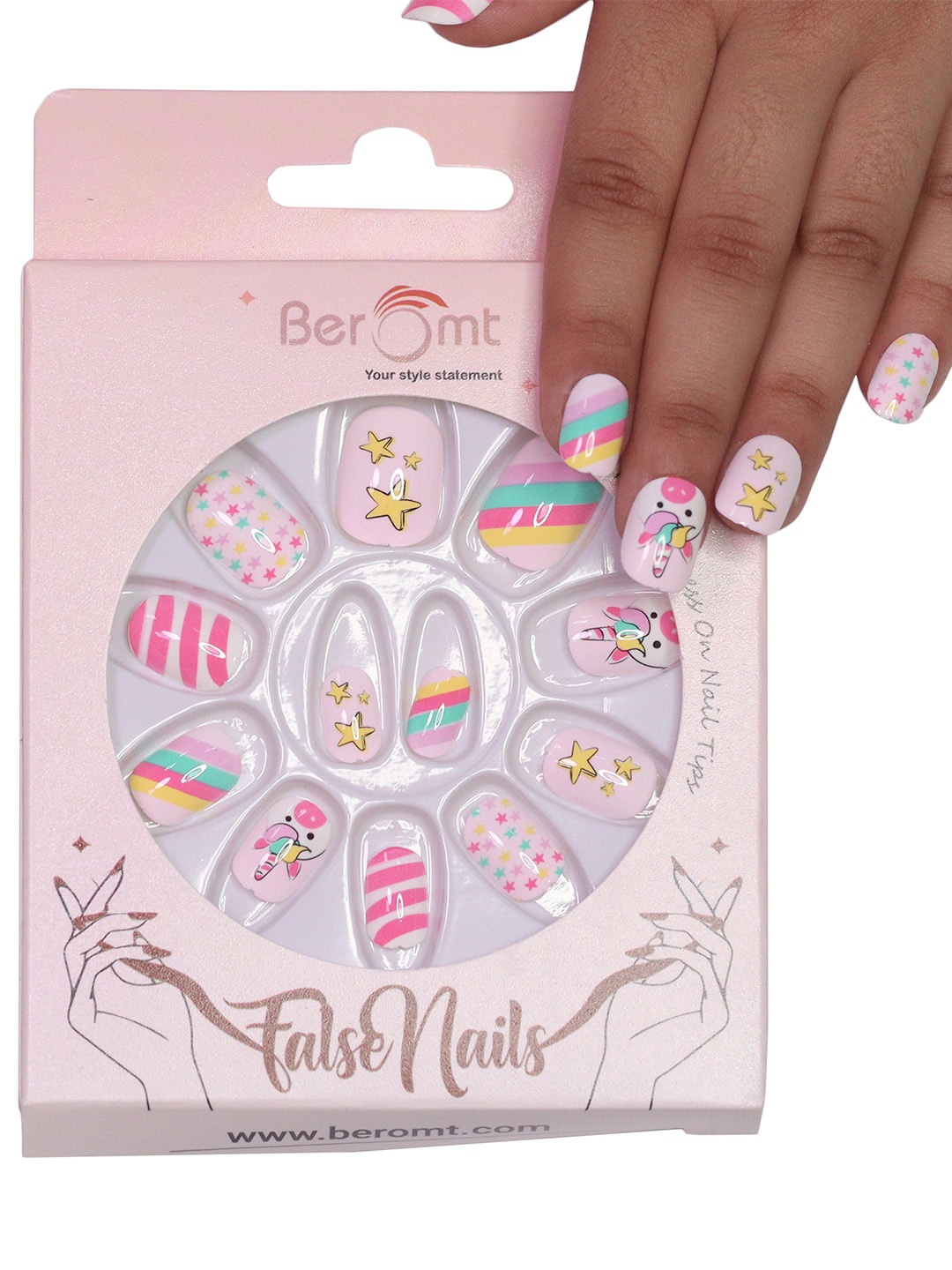 

BEROMT Kids 12 Pcs Long-Lasting False Pre-Glued Nails with Kit - Shade 82, Pink