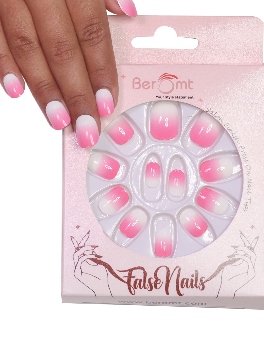 

BEROMT 12 Pcs Long-Lasting False Pre-Glued Nails with Kit - Shade 77, Pink