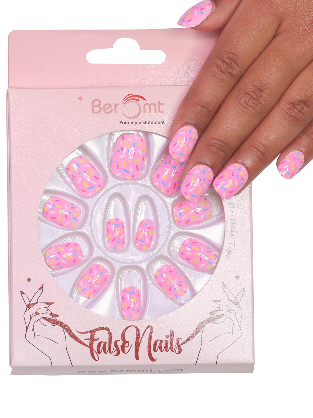 

BEROMT 12 Pcs Long-Lasting False Pre-Glued Nails with Kit - Shade 59, Pink