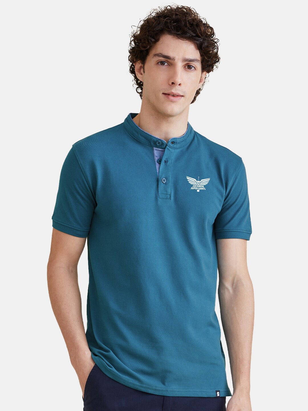 

The Souled Store Teal Blue Mandarin Collar T-shirt