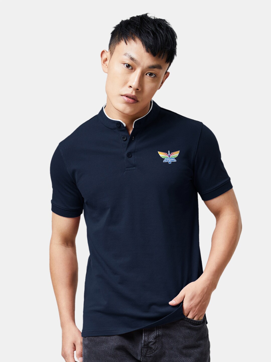 

The Souled Store Blue Mandarin Collar Pure Cotton T-shirt