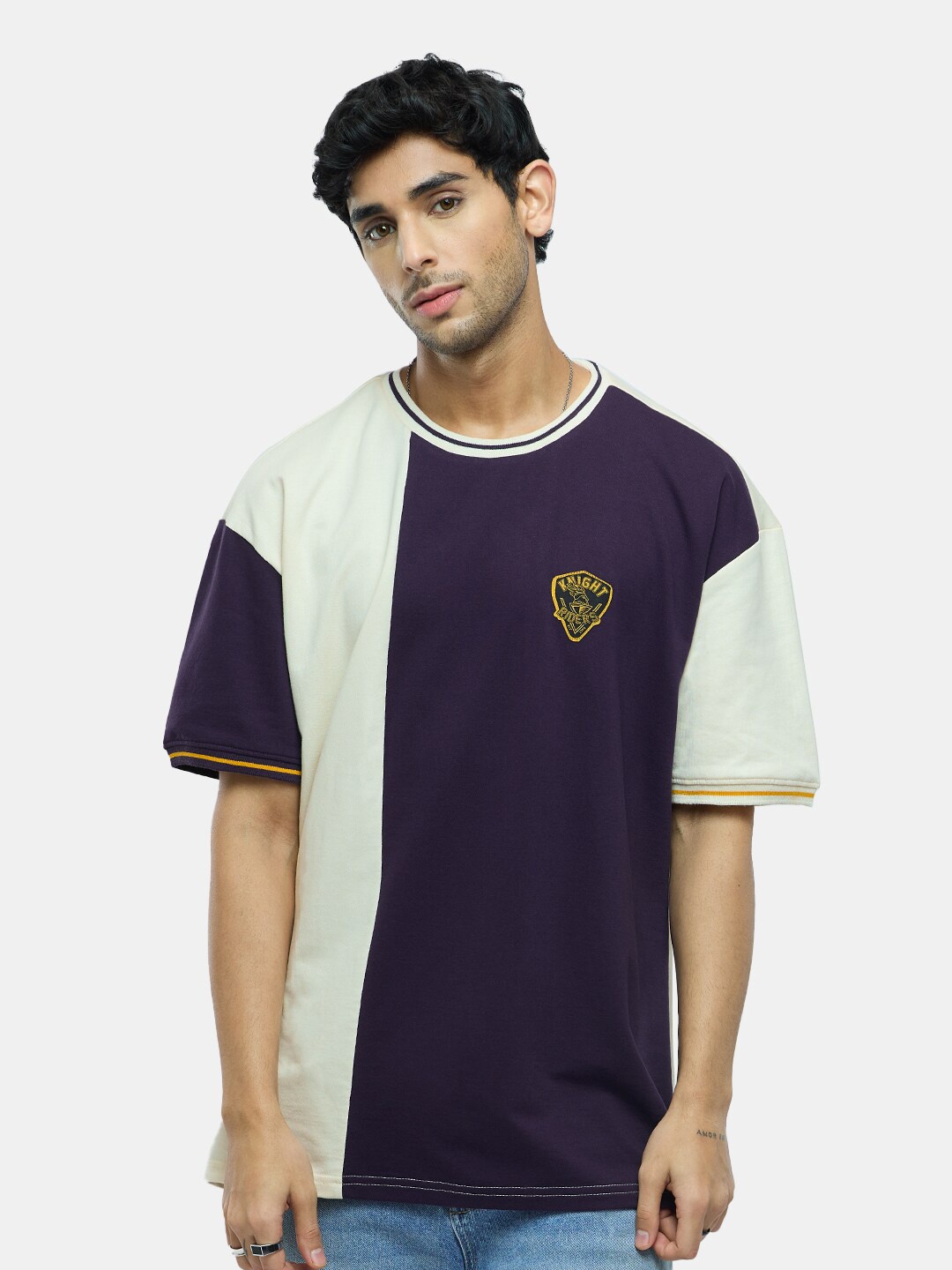 

The Souled Store Off White & Purple Colourblocked Pure Cotton Oversized T-shirt