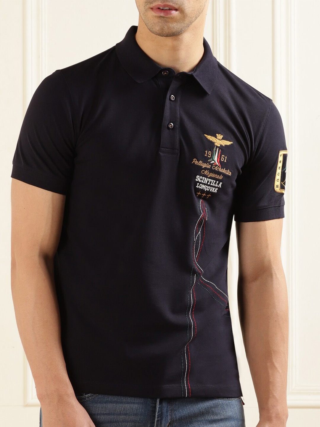 

Aeronautica Militare Typography Printed Polo Collar Cotton T-Shirt, Black