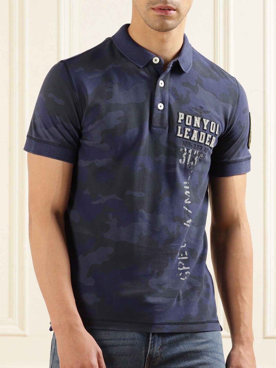 

Aeronautica Militare Camouflage Printed Polo Collar Cotton T-Shirt, Blue