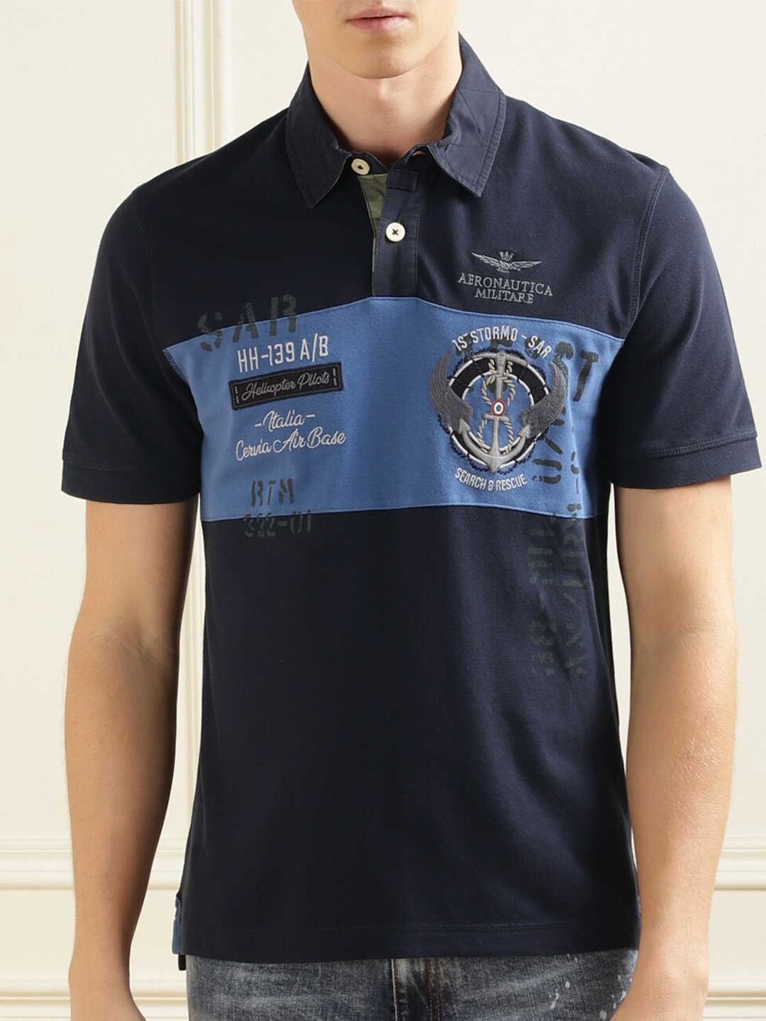 

Aeronautica Militare Typography Printed Polo Collar Cotton T-Shirt, Navy blue