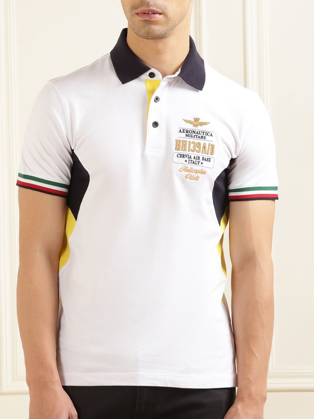 

Aeronautica Militare Applique Polo Collar Cotton T-shirt, White