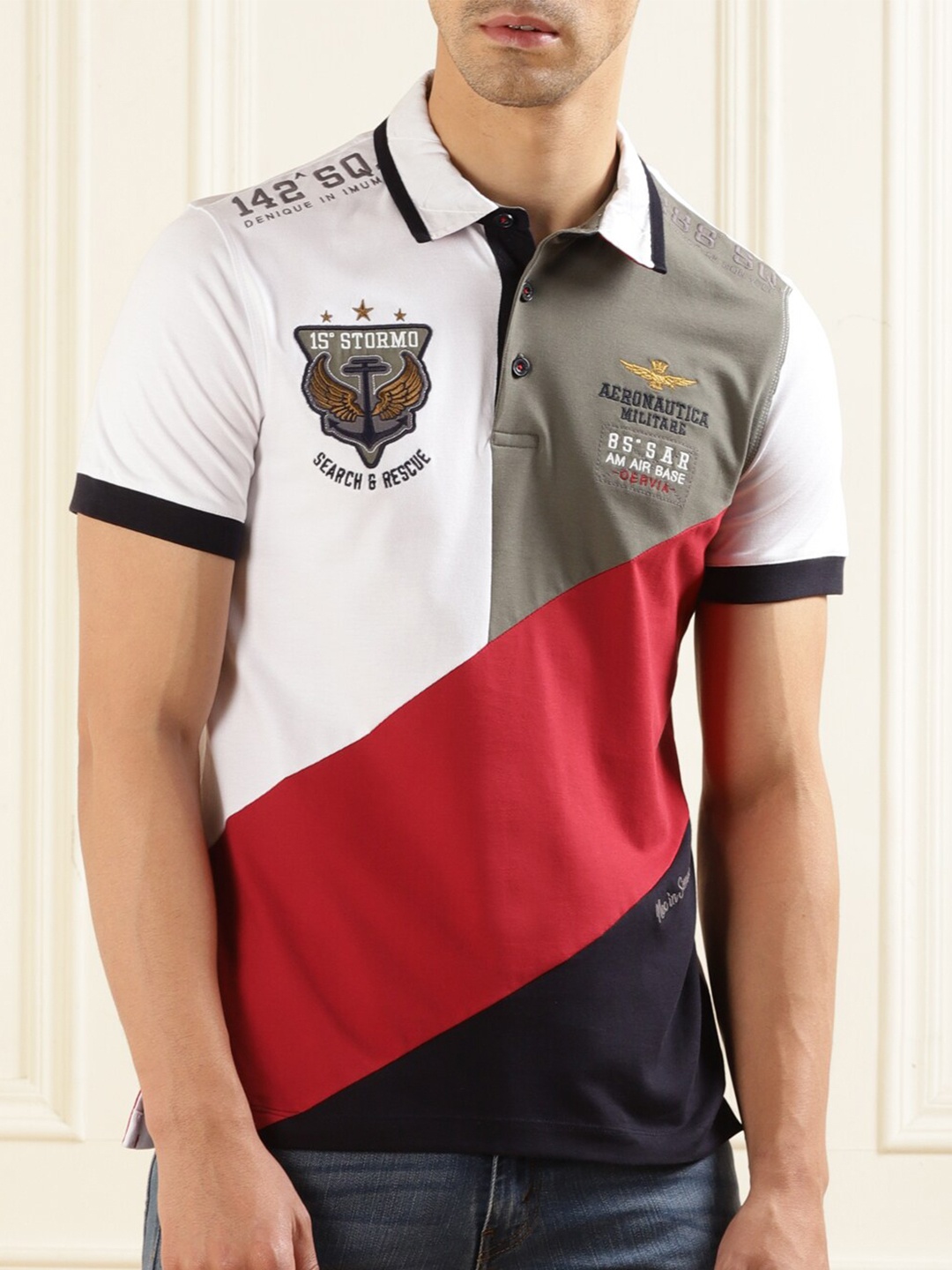 

Aeronautica Militare Colourblocked Polo Collar Cotton T-Shirt, White