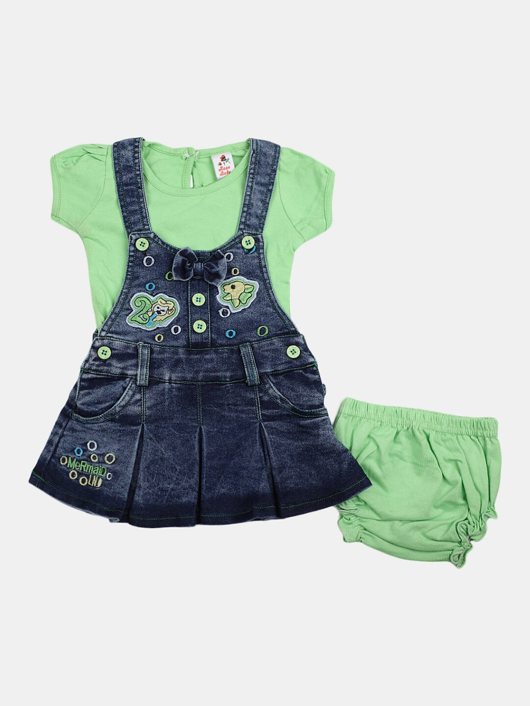 

V-Mart Infant Girls Printed Pure Cotton T-shirt With Skirt & Briefs, Green