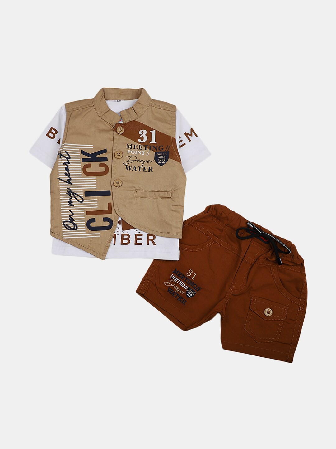 

V-Mart Infants Boys Printed Pure Cotton T-shirt With Shorts, Beige