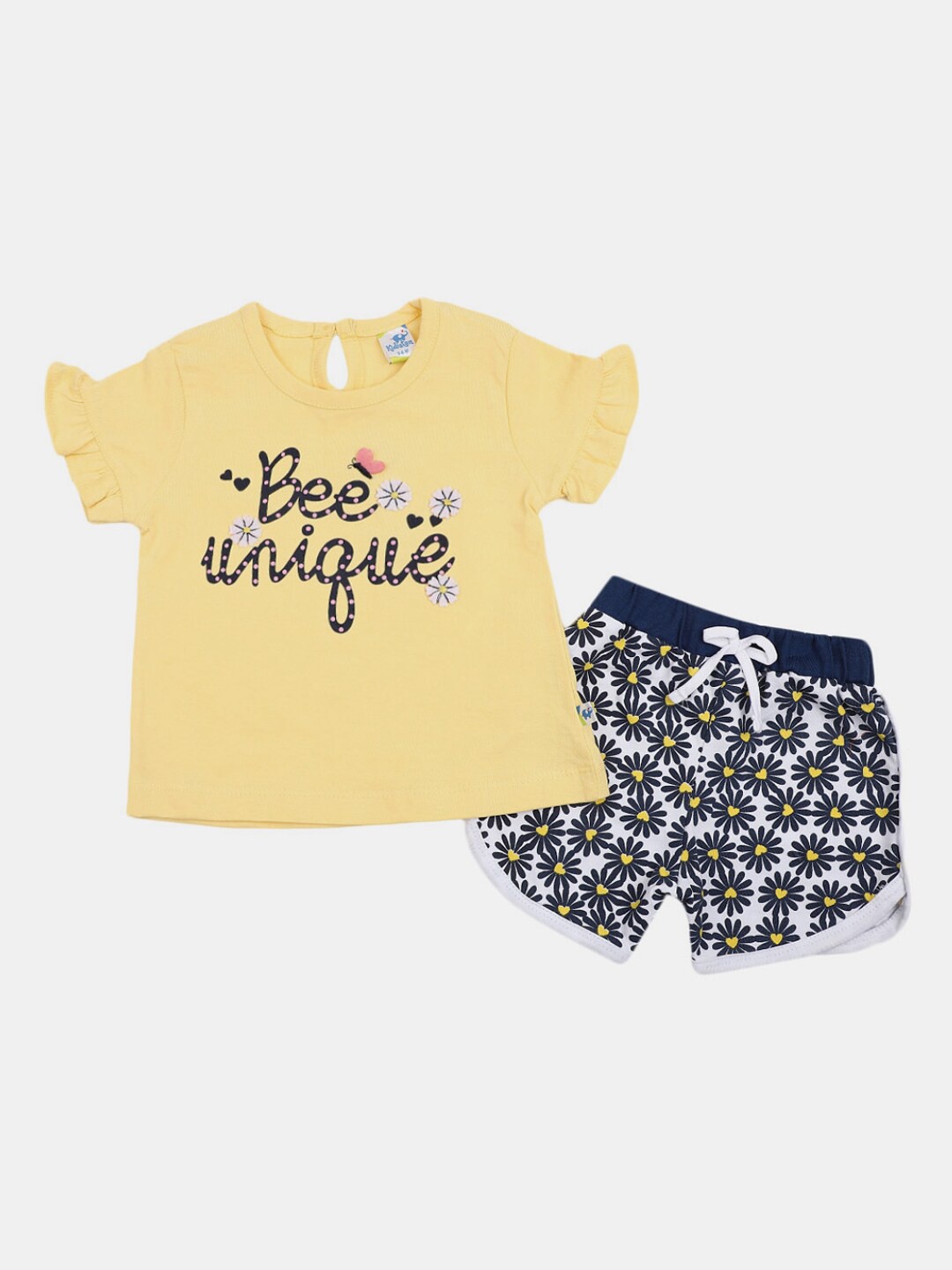 

V-Mart Infants Girls Typography Printed Pure Cotton T-shirt With Shorts, Yellow