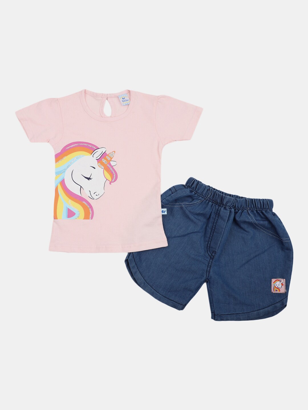 

V-Mart Infant Girls Pure Cotton Printed T-shirt With Denim Shorts, Pink