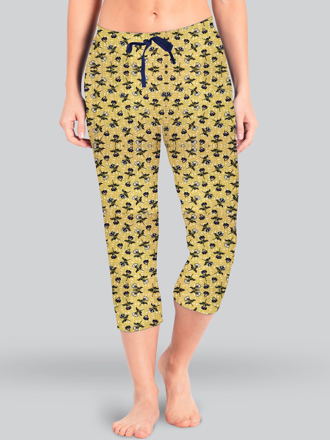 

LYRA Women Floral Printed Pure Cotton Capris, Mustard