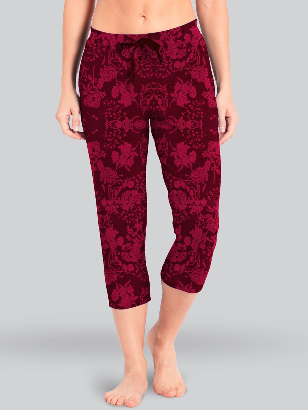 

LYRA Women Floral Printed Cotton Lounge Capris, Maroon