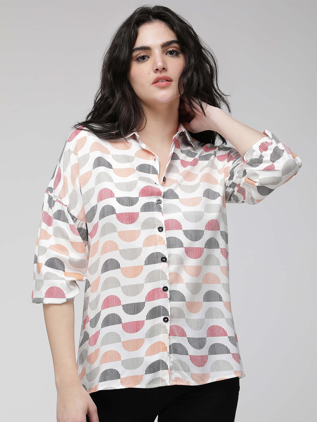 

IDK Conversational Printed Drop-Shoulder Sleeve Shirt Style Top, White