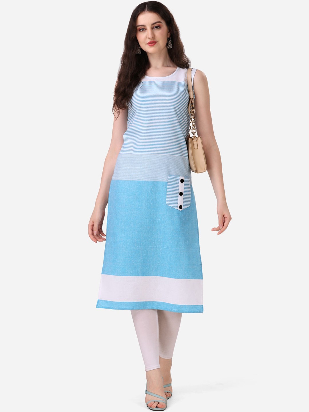 

KALINI Striped Sleeveless Cotton Kurta, Blue