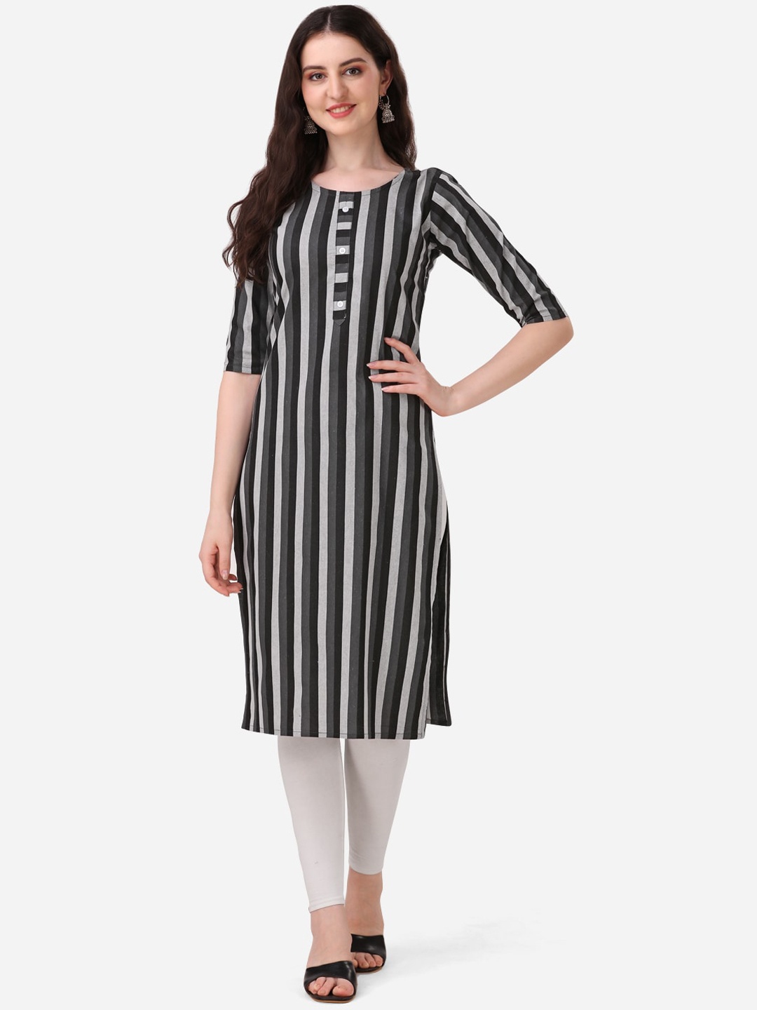 

KALINI Striped Round Neck Cotton Kurta, Black