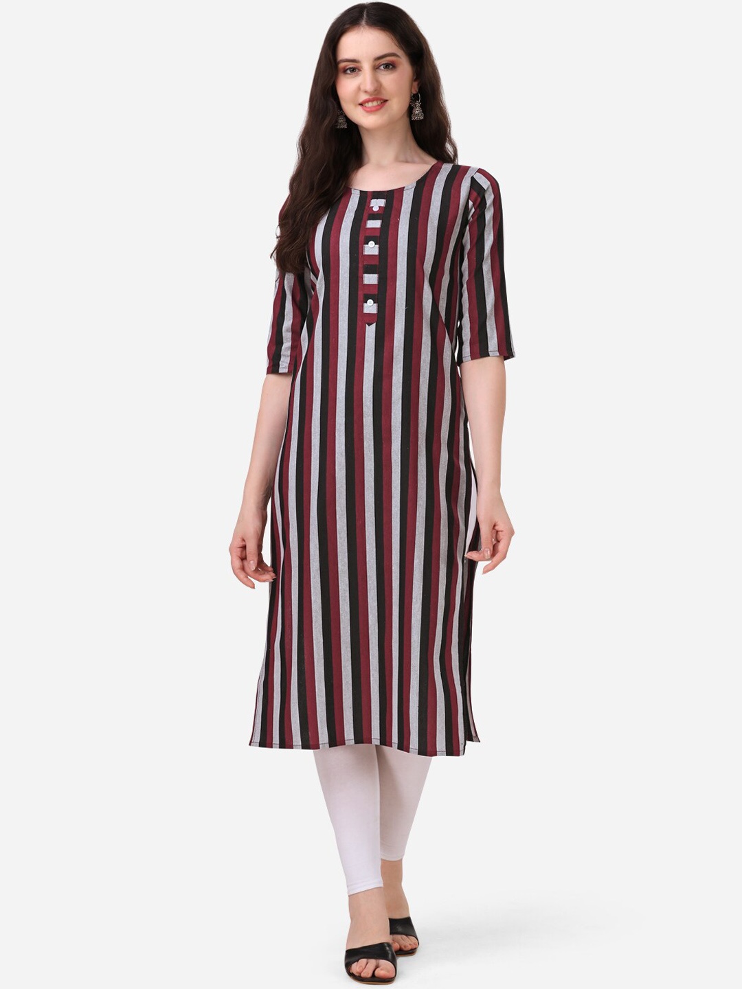 

KALINI Striped Round Neck Cotton Kurta, Brown