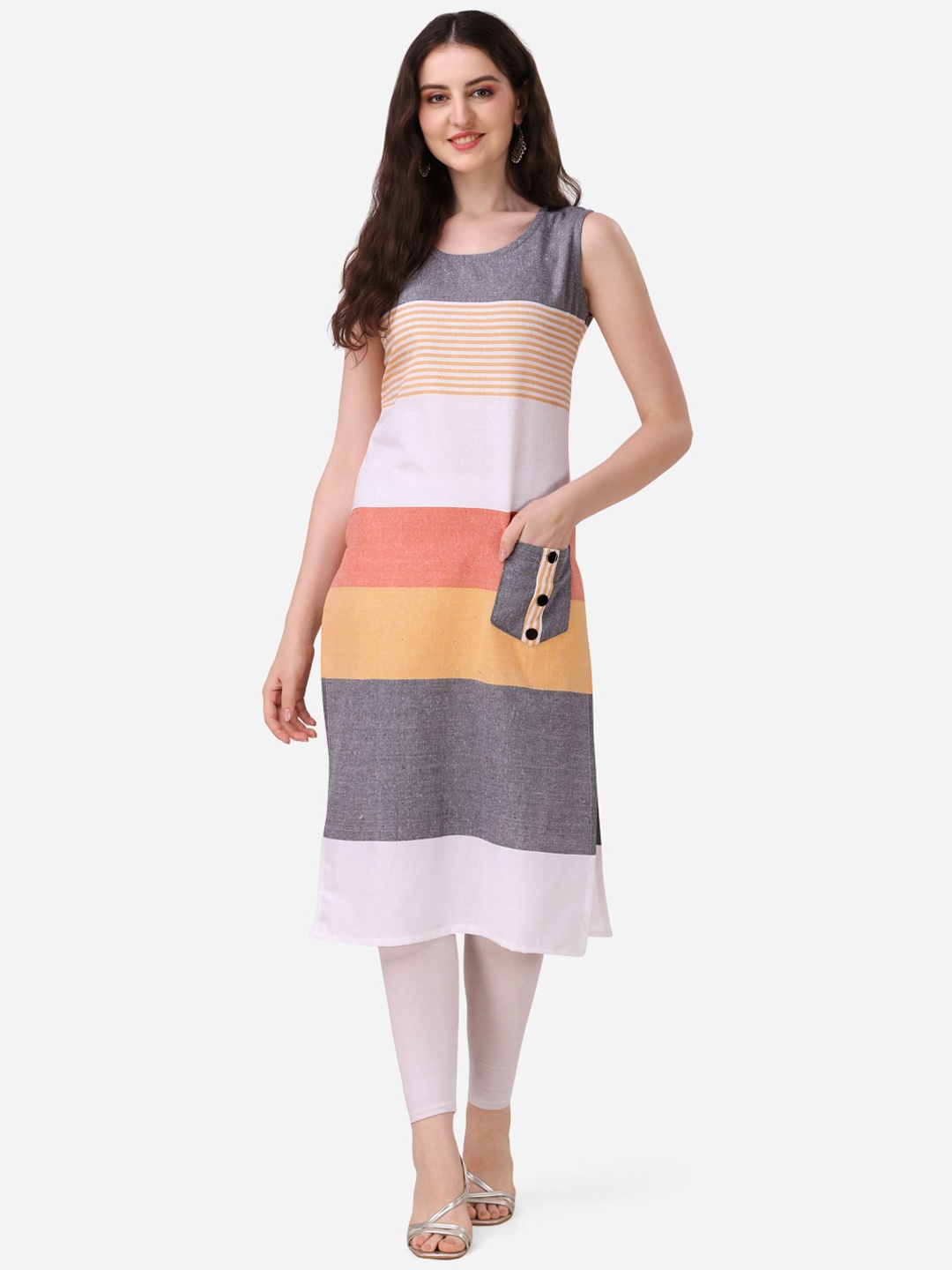 

KALINI Colourblocked Sleeveless Cotton Kurta, Grey