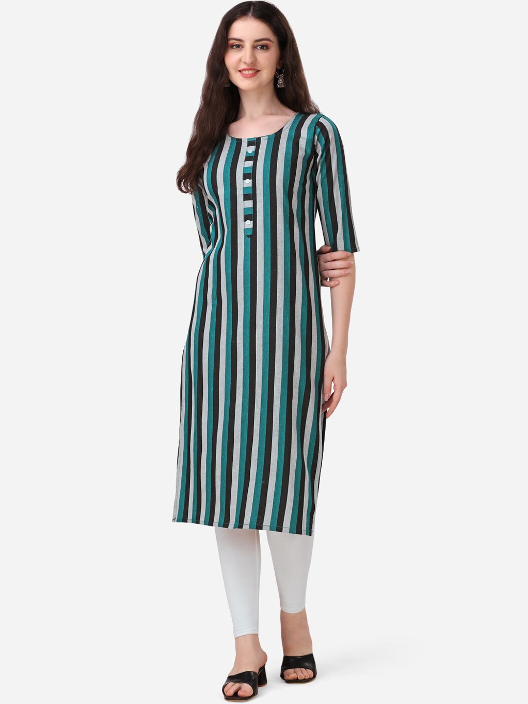 

KALINI Striped Straight Cotton Kurta, Green
