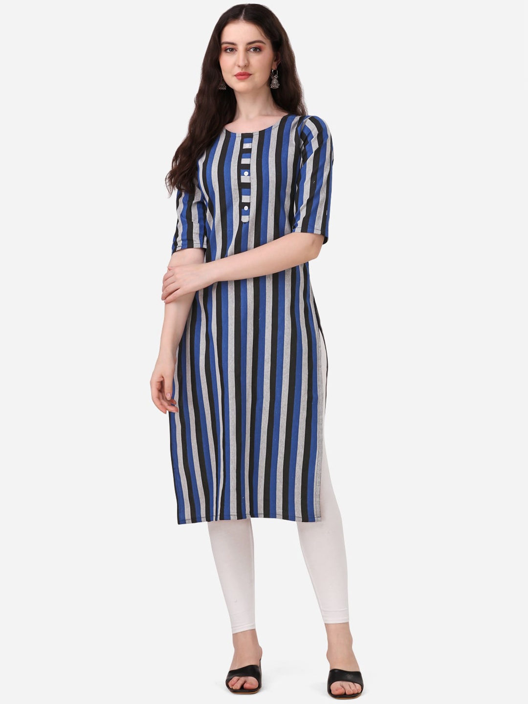 

KALINI Striped Straight Cotton Kurta, Blue