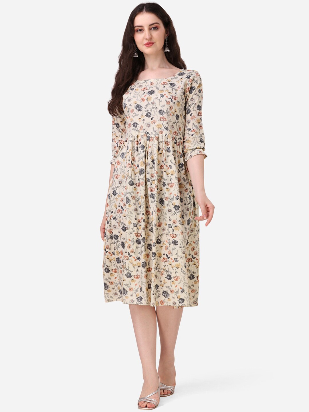 

Kalini Floral Printed Cotton Dress, Beige