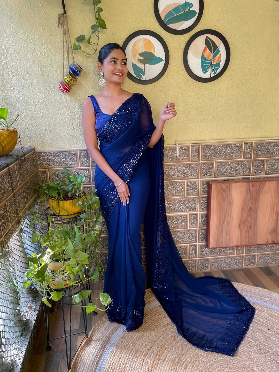 

Mitera Sequinned Poly Georgette Saree, Navy blue