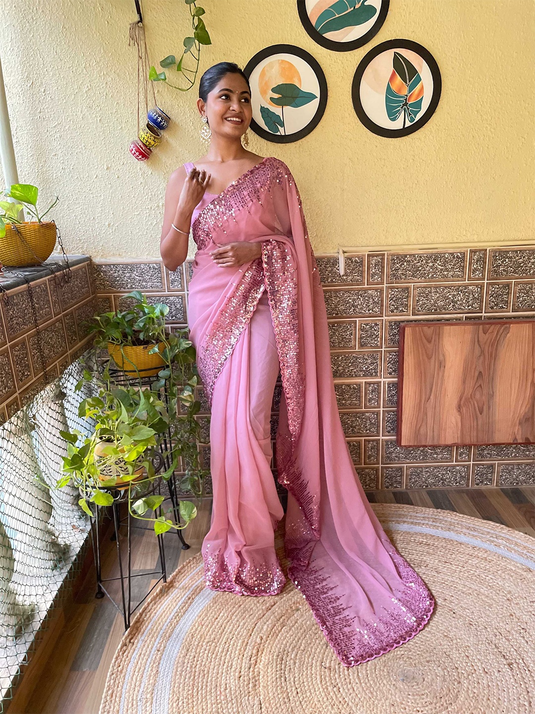 

Mitera Embellished Sequinned Poly Georgette Saree With Blouse Piece, Pink