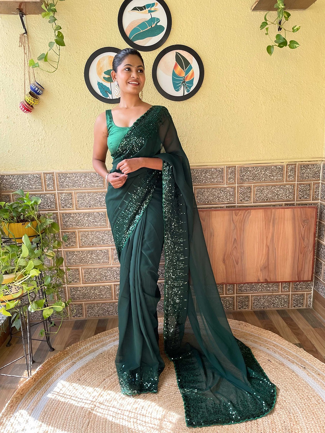 

Mitera Sequinned Poly Georgette Saree With Blouse Piece, Green