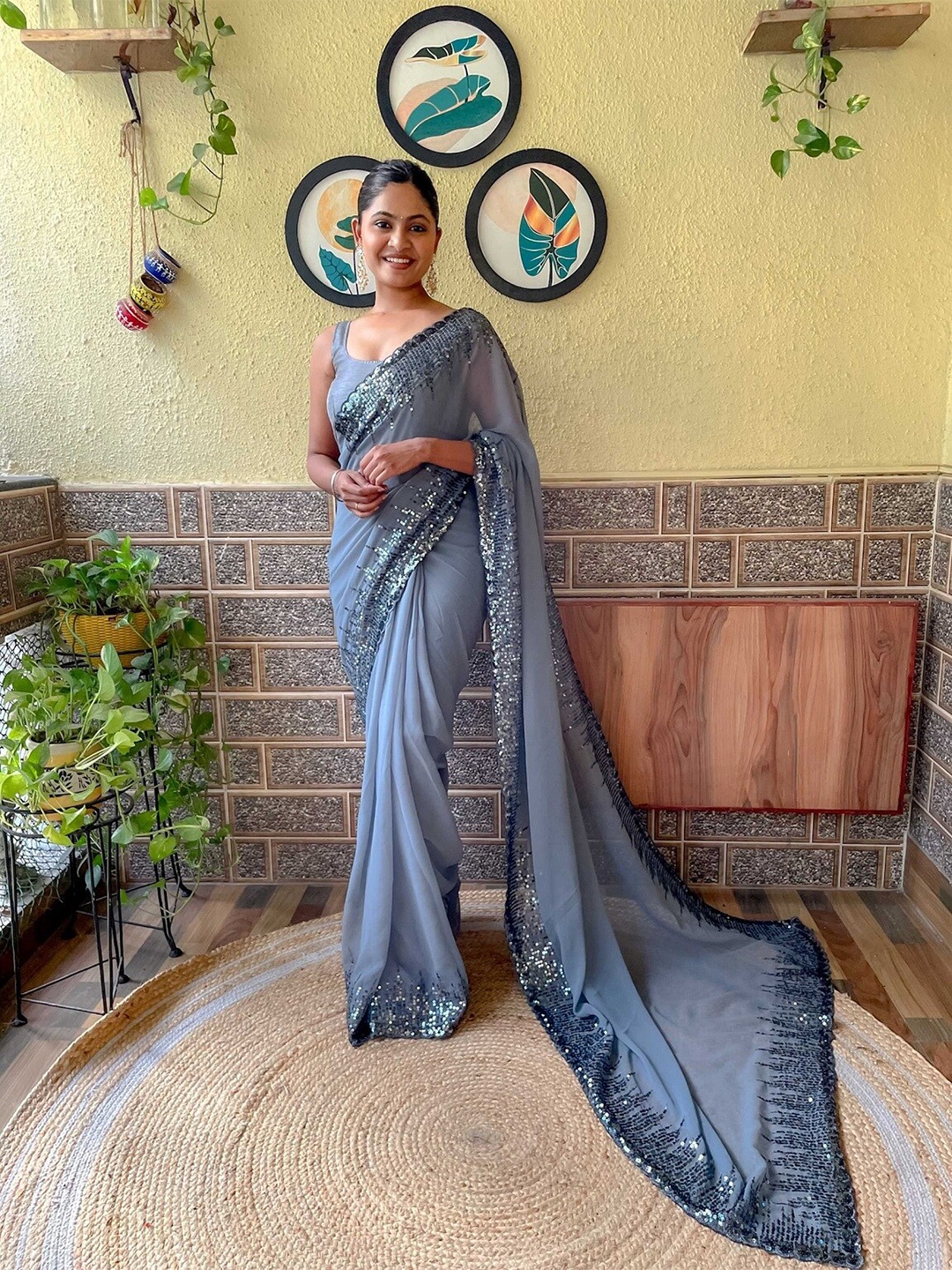 Mitera Sequinned Poly Georgette Saree With Blouse Piece, Grey