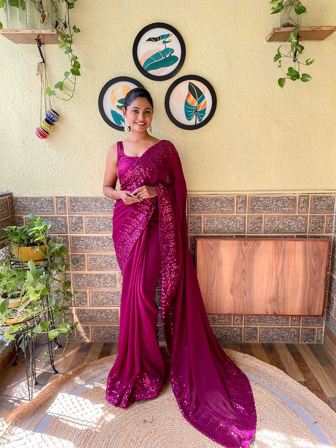 

Mitera Sequinned Poly Georgette Designer Saree With Blouse Piece, Purple