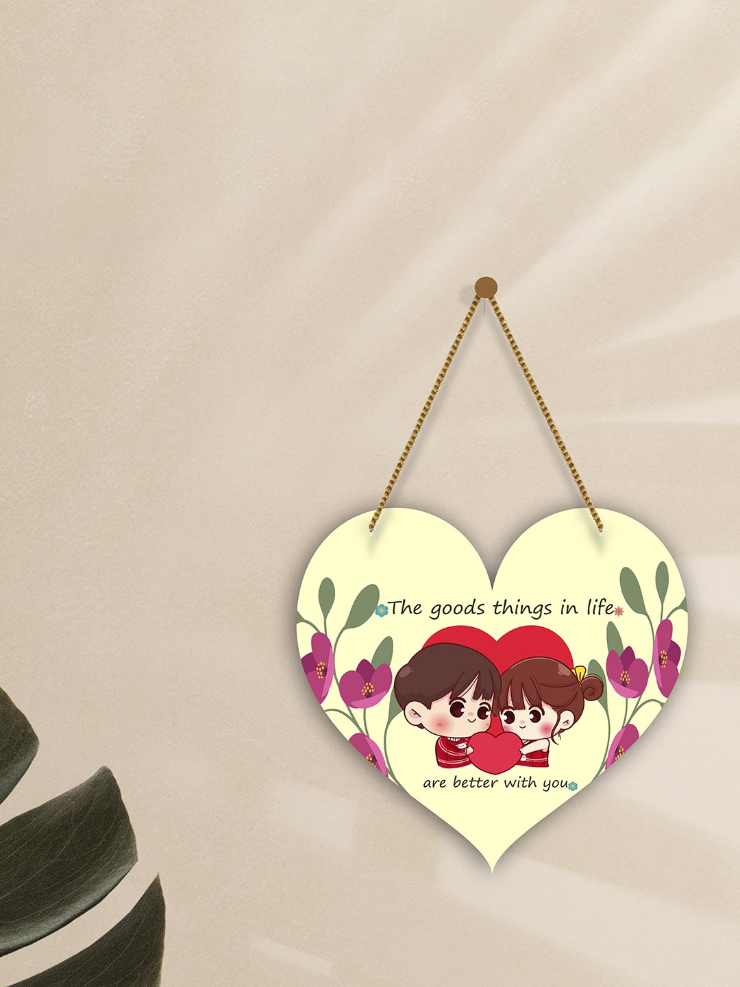 

SAF Yellow & Pink Love Couple Printed Heart Shaped Wooden wall hanging With Zardoori