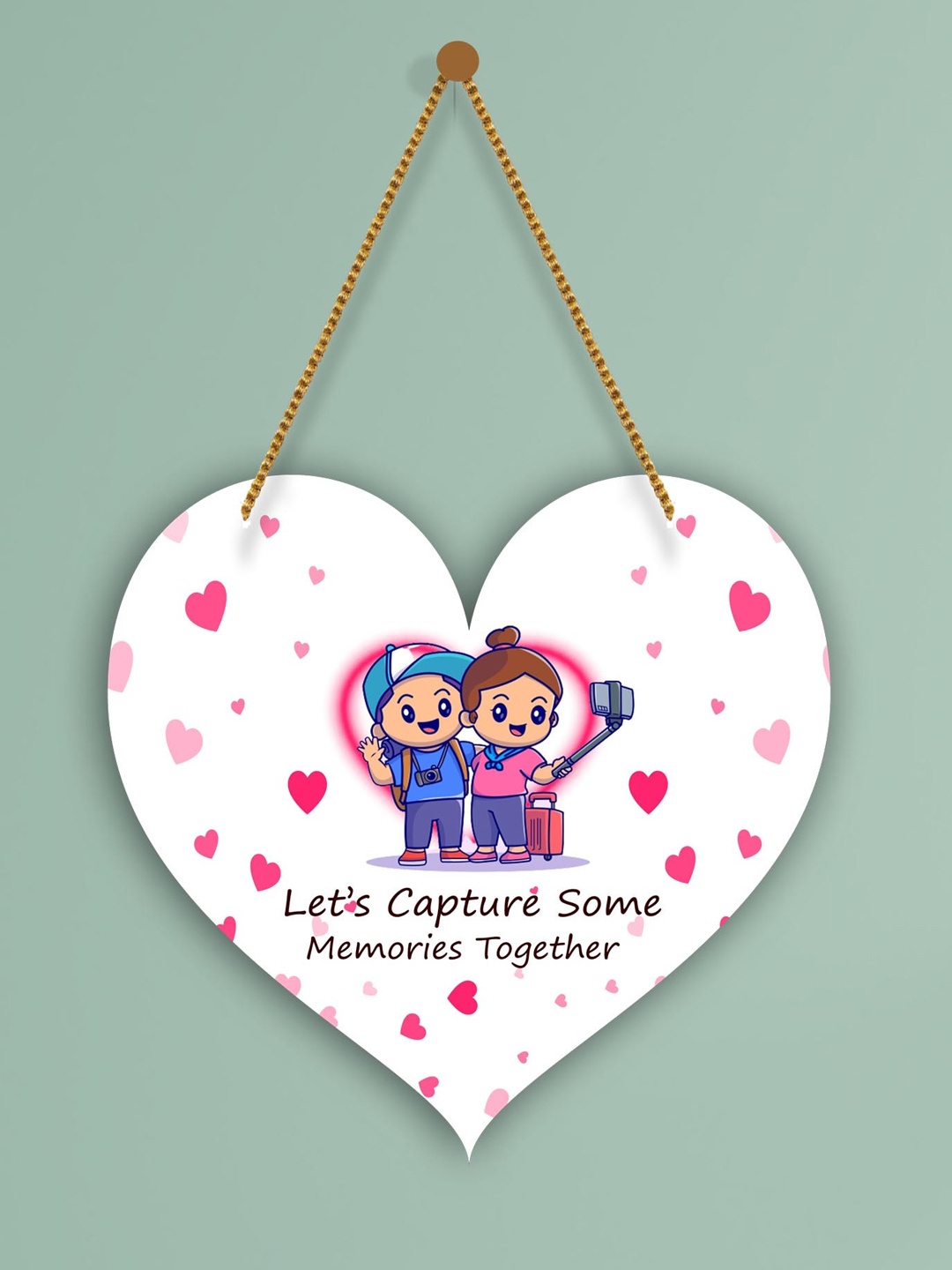

SAF White & Pink Love Couple Heart Design Wooden Wall Hanging With Zardoori String