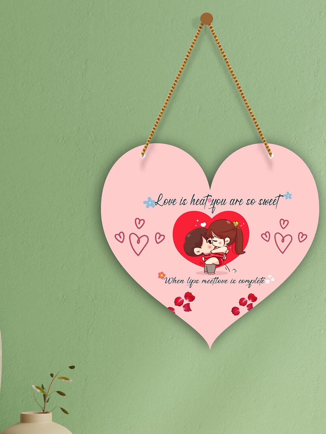 

SAF Peach-Colored & Red Love Couple Heart Design Wooden Wall Hanging With Zardoori String