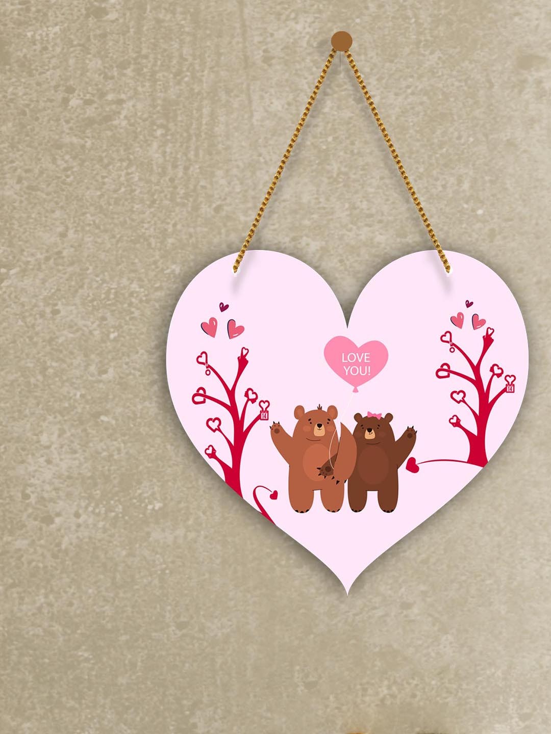 

SAF Pink & Brown Love Couple Heart Design Wooden Wall Hanging With Zardoori String