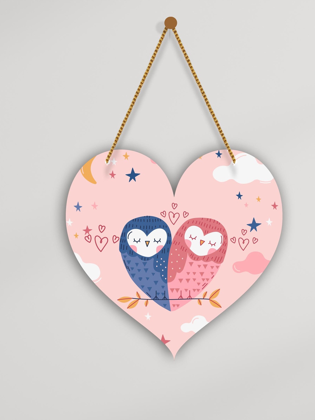 

SAF Peach-Colored & Blue Love Couple Heart Design Wooden Wall Hanging With Zardoori String