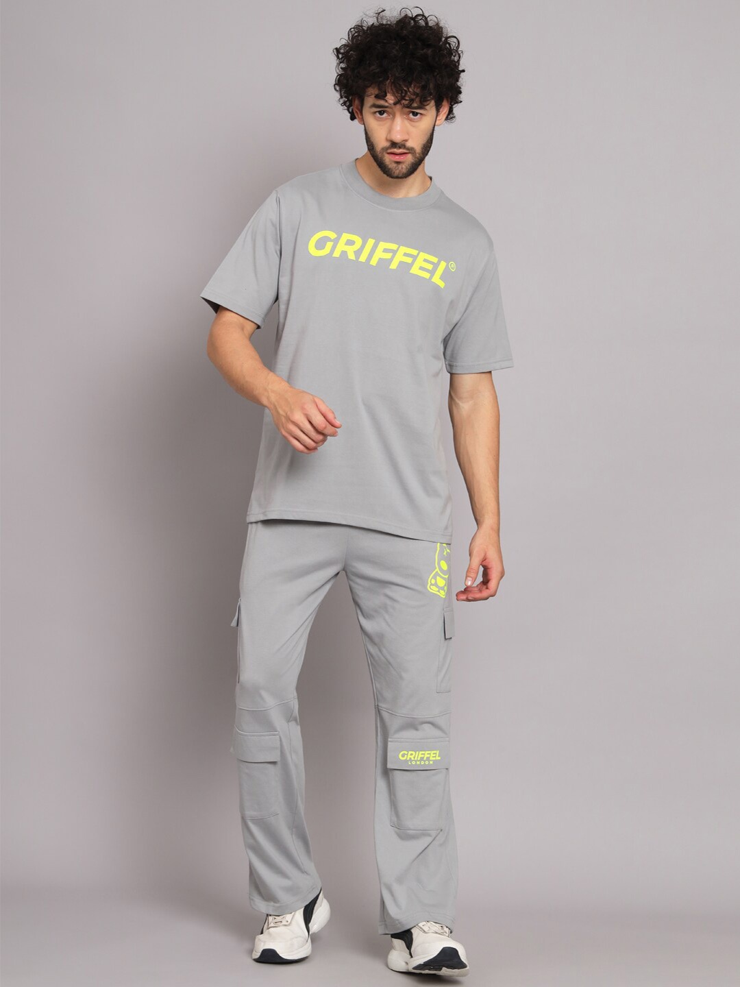 

GRIFFEL Men Printed Cotton Loose Fit Track Suit, Grey melange