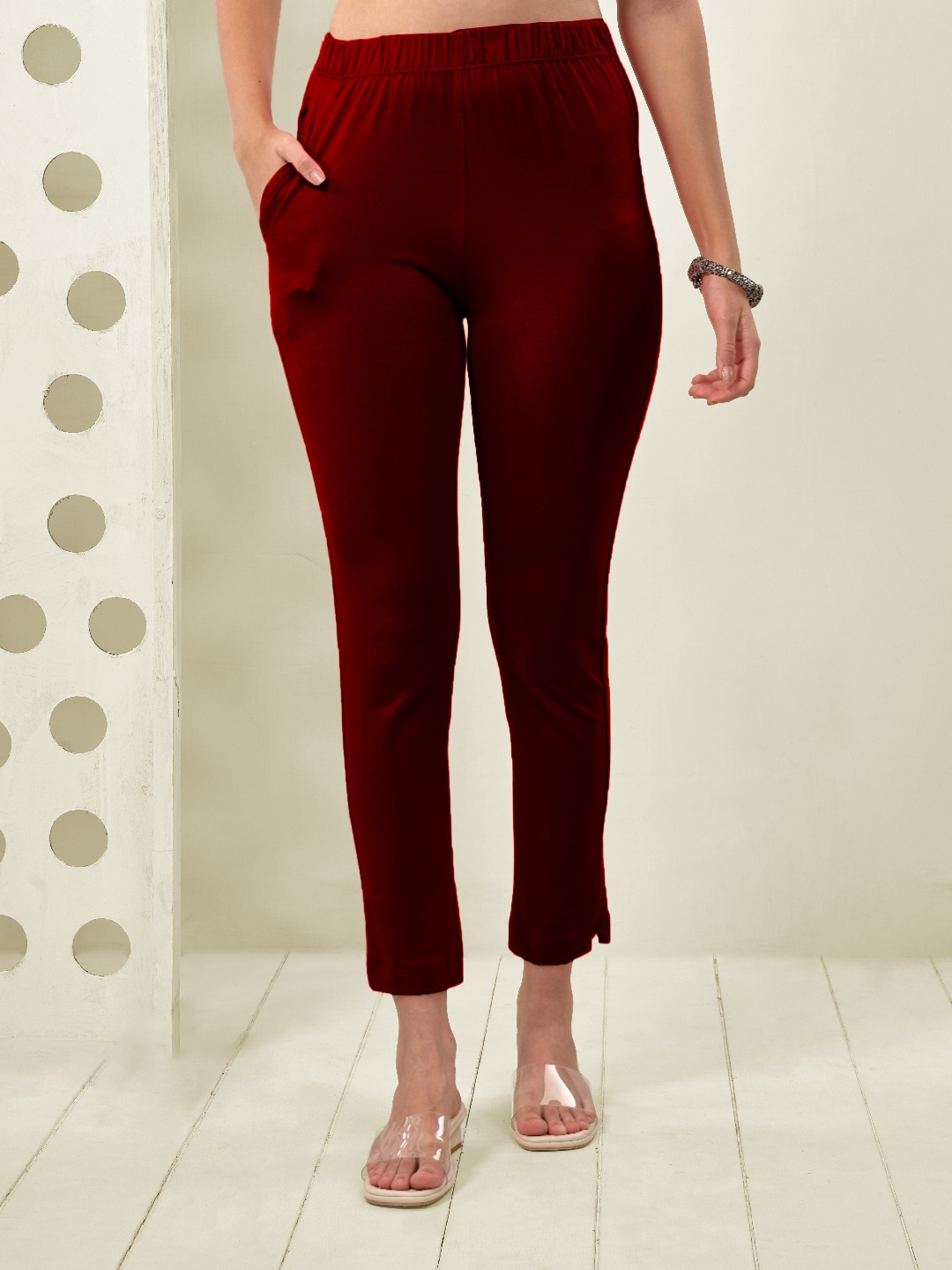 

LYRA Women Mid-Rise Original Fit Knitted Cigarette Trousers, Maroon