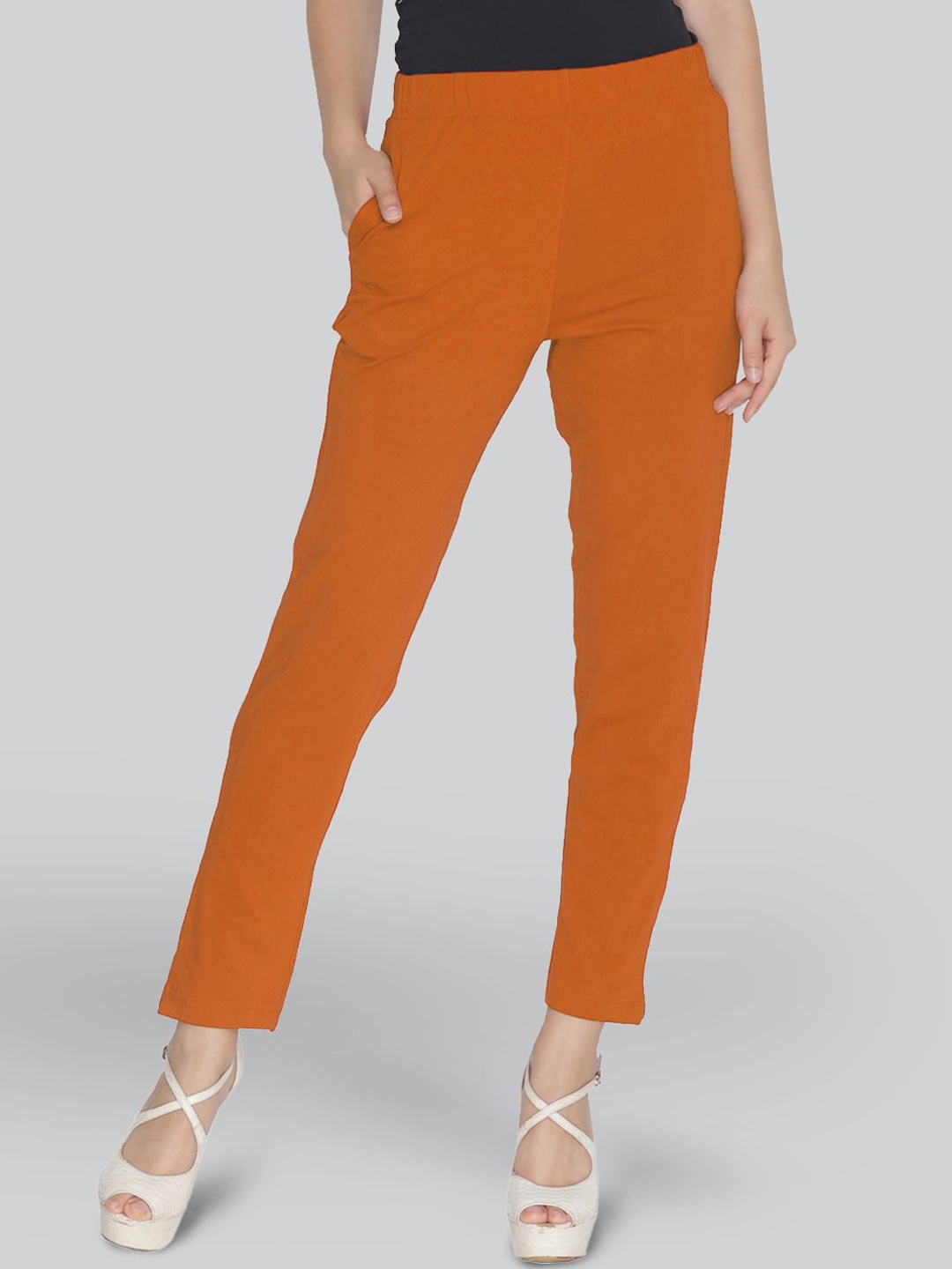 

LYRA Original Women Mid Rise Plain Knitted Cotton Cropped Trousers, Orange